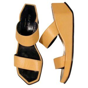 ROBERT CLERGERIE Vintage Tan-Yellow Leather Two-Strap Platform Wedge Slides 10